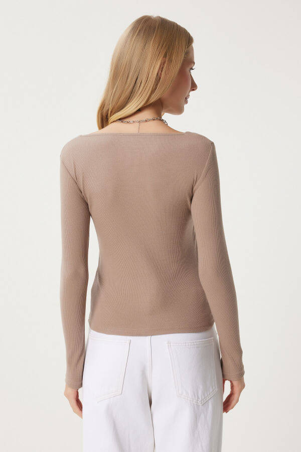 Women's Beige Square Neck Ribbed Knit Blouse GT00052 - 7