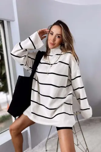 Women's Beige Stand Collar Oversized Sweater Tunic - 3