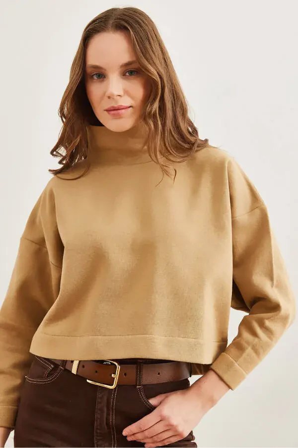 Women's Beige Stand-up Collar Batwing Crop Thistle Sweatshirt SWT-19000679 - 3