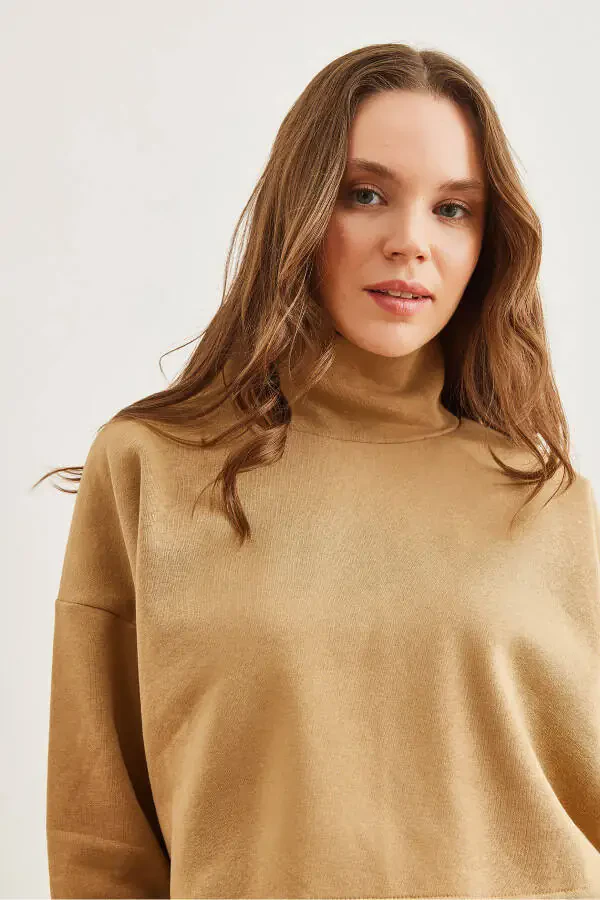 Women's Beige Stand-up Collar Batwing Crop Thistle Sweatshirt SWT-19000679 - 6