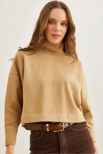 Women's Beige Stand-up Collar Batwing Crop Thistle Sweatshirt SWT-19000679 - OLALOOK (1)