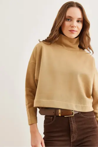 Women's Beige Stand-up Collar Batwing Crop Thistle Sweatshirt SWT-19000679 - 3