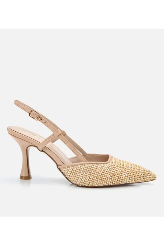 Women's Beige Straw Detailed Backless Stiletto - 1