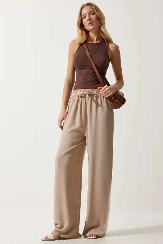 Women's Beige Summer Viscose Palazzo Pants EN00610-Beige - HAPPINESS İSTANBUL