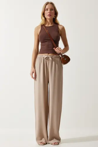 Women's Beige Summer Viscose Palazzo Pants EN00610-Beige - HAPPINESS İSTANBUL (1)
