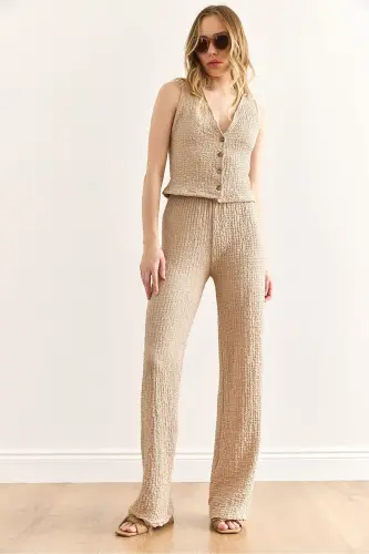 Women's Beige Textured Vest and Pants Set TKM-19000392 