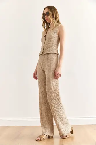 Women's Beige Textured Vest and Pants Set TKM-19000392 - 4