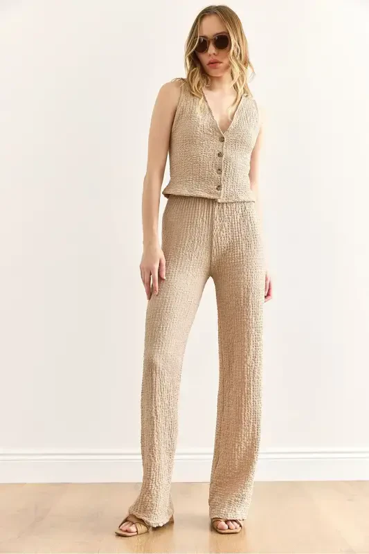 Women's Beige Textured Vest and Pants Set TKM-19000392 - 1