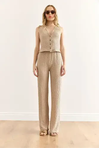 Women's Beige Textured Vest and Pants Set TKM-19000392 - OLALOOK (1)
