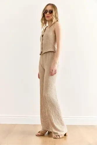 Women's Beige Textured Vest and Pants Set TKM-19000392 - 3