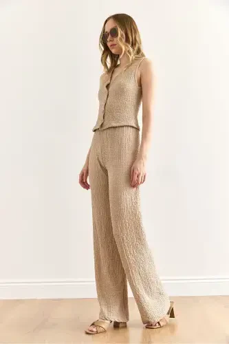 Women's Beige Textured Vest and Pants Set TKM-19000392 - 4