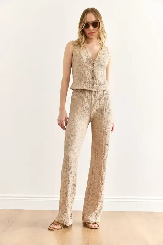 Women's Beige Textured Vest and Pants Set TKM-19000392 - 5