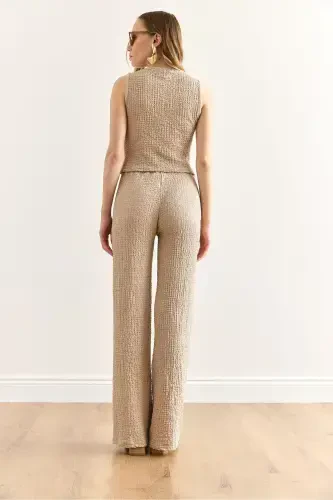 Women's Beige Textured Vest and Pants Set TKM-19000392 - 6