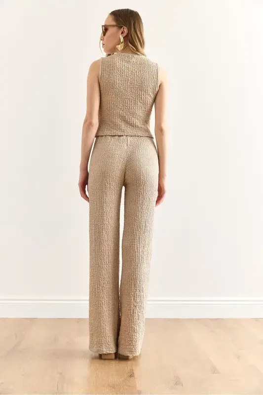 Women's Beige Textured Vest and Pants Set TKM-19000392 - 6