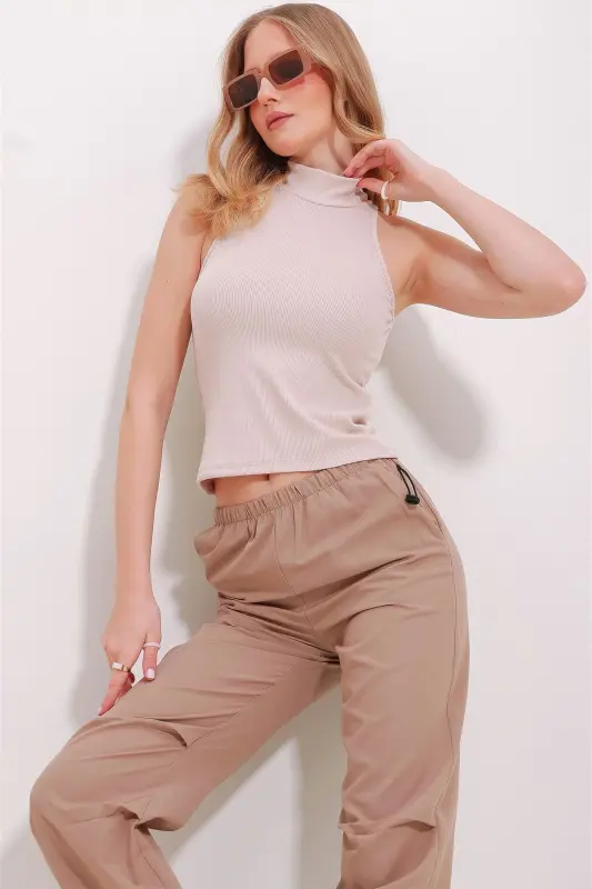 Women's Beige Turtleneck Halter Sleeve Ribbed Blouse ALC-X11497-BEJ - TREND ALAÇATI STILI