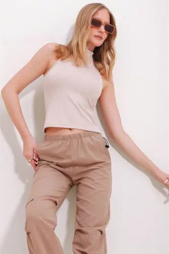 Women's Beige Turtleneck Halter Sleeve Ribbed Blouse ALC-X11497-BEJ - 3