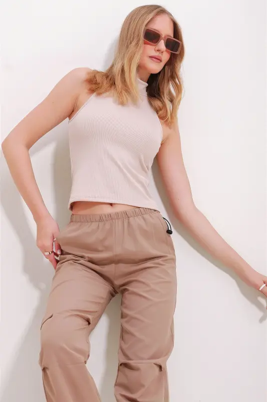 Women's Beige Turtleneck Halter Sleeve Ribbed Blouse ALC-X11497-BEJ - 3