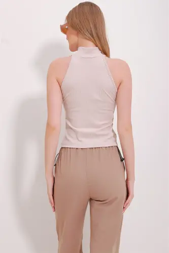 Women's Beige Turtleneck Halter Sleeve Ribbed Blouse ALC-X11497-BEJ - 6