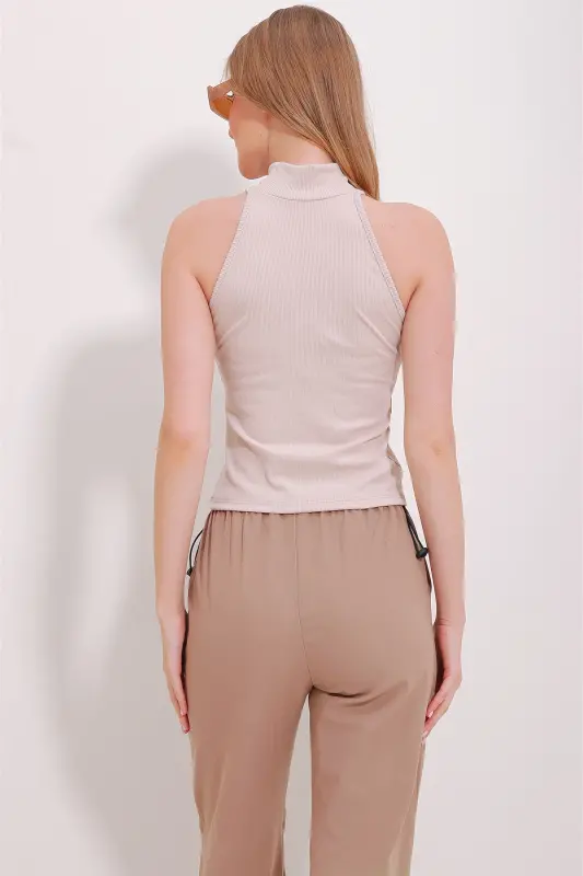 Women's Beige Turtleneck Halter Sleeve Ribbed Blouse ALC-X11497-BEJ - 6
