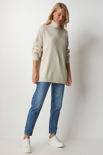 Women's Beige Turtleneck Oversize Knit Sweater BV0008 - HAPPINESS İSTANBUL