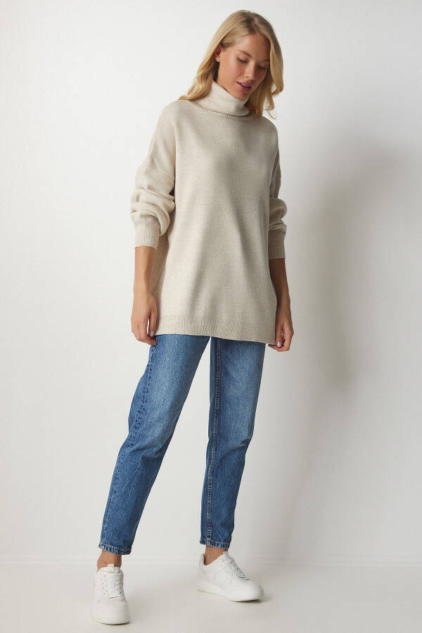 Women's Beige Turtleneck Oversize Knit Sweater BV0008 - 1
