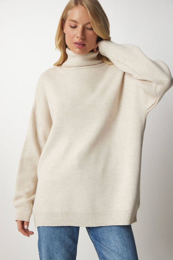 Women's Beige Turtleneck Oversize Knit Sweater BV0008 - 5