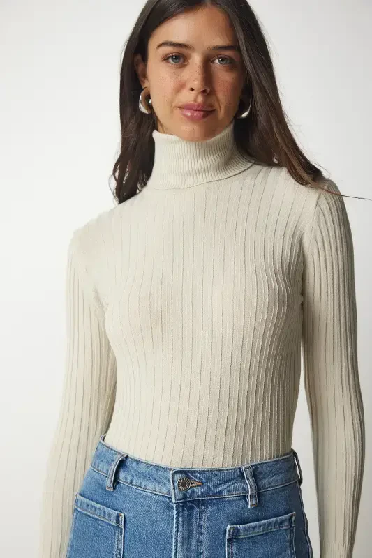 Women's Beige Turtleneck Ribbed Basic Sweater bv00095-Beige - 1