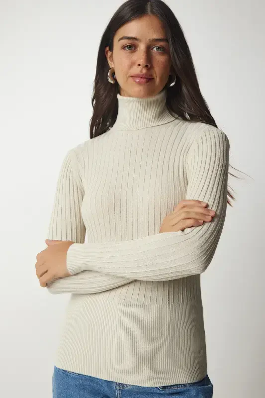 Women's Beige Turtleneck Ribbed Basic Sweater bv00095-Beige - 4
