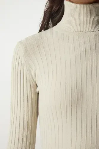 Women's Beige Turtleneck Ribbed Basic Sweater bv00095-Beige - 6