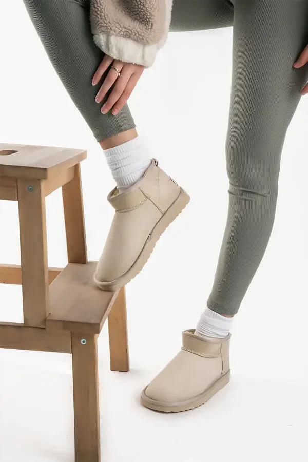 Women's Beige Ultra Mini Suede Ankle Boots with Fur Lining & Flat Sole - 1