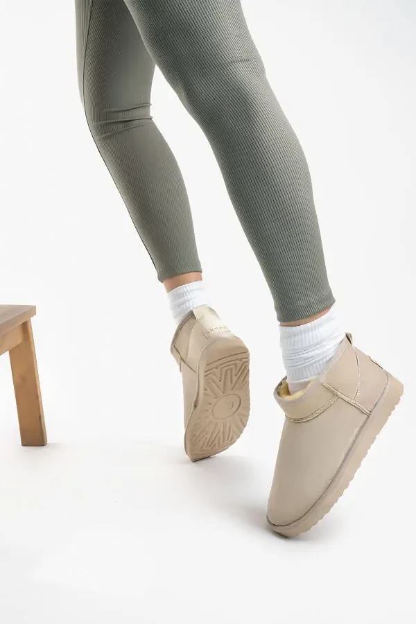 Women's Beige Ultra Mini Suede Ankle Boots with Fur Lining & Flat Sole - 2