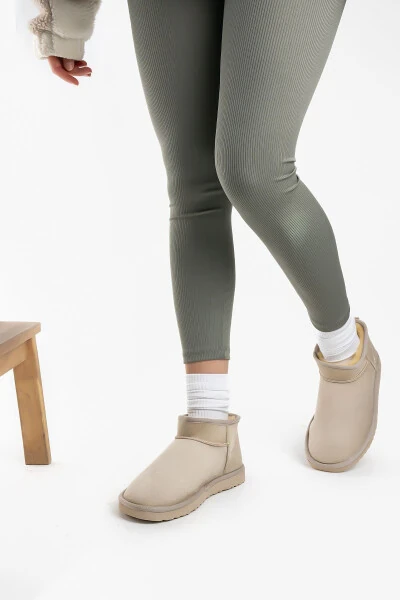 Women's Beige Ultra Mini Suede Ankle Boots with Fur Lining & Flat Sole - 3