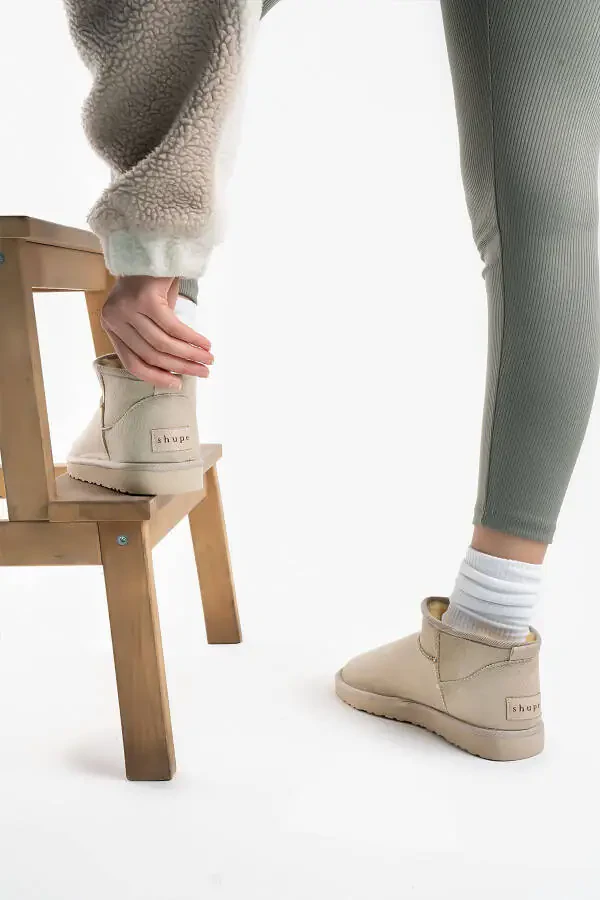 Women's Beige Ultra Mini Suede Ankle Boots with Fur Lining & Flat Sole - 5