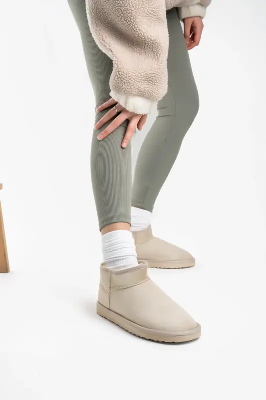 Women's Beige Ultra Mini Suede Ankle Boots with Fur Lining & Flat Sole - 5