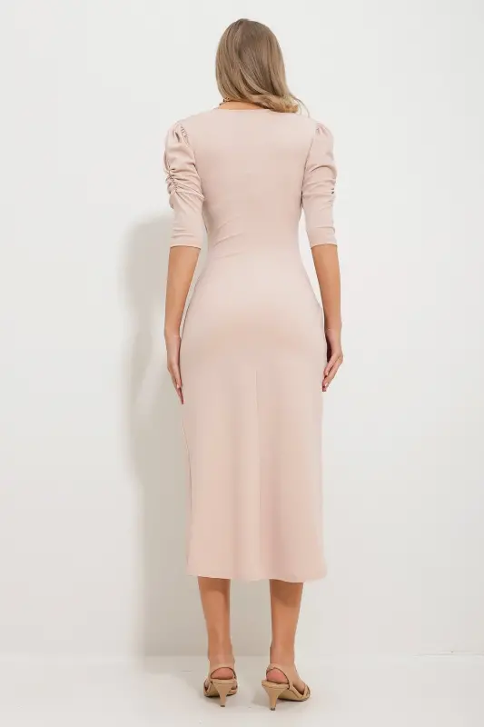 Women's Beige V-Neck Draped Princess Sleeve Cocktail Dress Alc-X11687 - 6