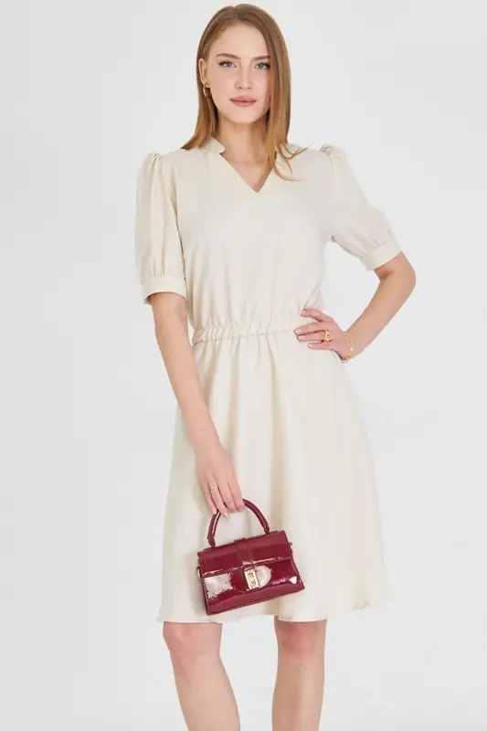 Women's Beige V-neck Elastic Waist Short Sleeve Flared Dress ARM-25Y001001-Beige - 2