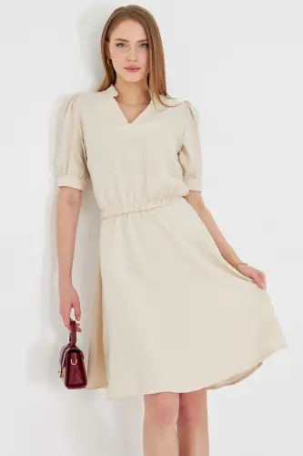 Women's Beige V-neck Elastic Waist Short Sleeve Flared Dress ARM-25Y001001-Beige - 4