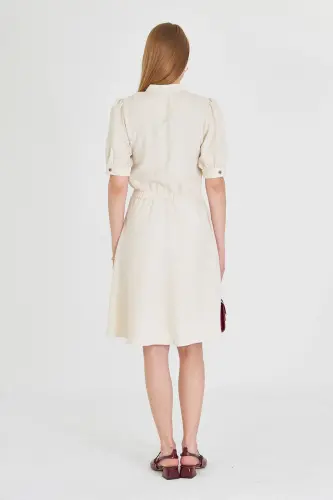 Women's Beige V-neck Elastic Waist Short Sleeve Flared Dress ARM-25Y001001-Beige - 6