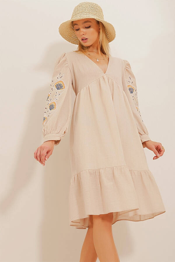 Women's Beige V-Neck Embroidered Linen Dress ALC-X10659 - 1