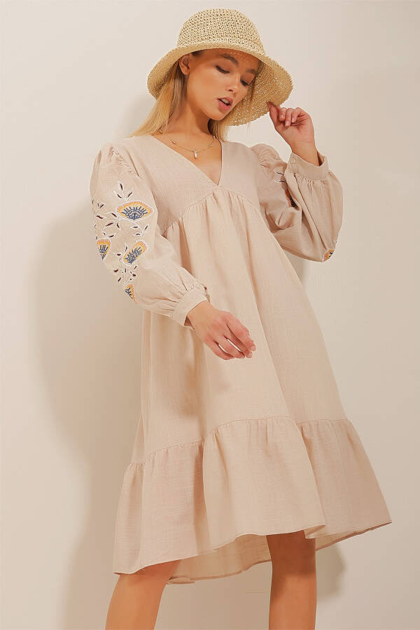 Women's Beige V-Neck Embroidered Linen Dress ALC-X10659 - 2