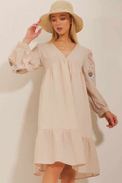 Women's Beige V-Neck Embroidered Linen Dress ALC-X10659 - 4