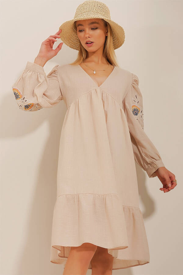 Women's Beige V-Neck Embroidered Linen Dress ALC-X10659 - 4