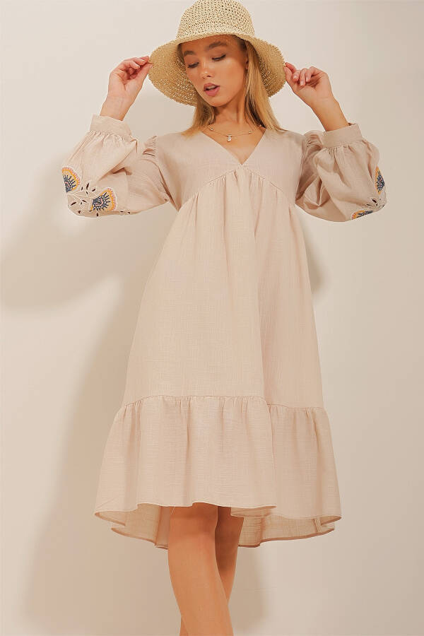 Women's Beige V-Neck Embroidered Linen Dress ALC-X10659 - 5