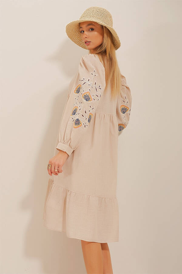 Women's Beige V-Neck Embroidered Linen Dress ALC-X10659 - 6