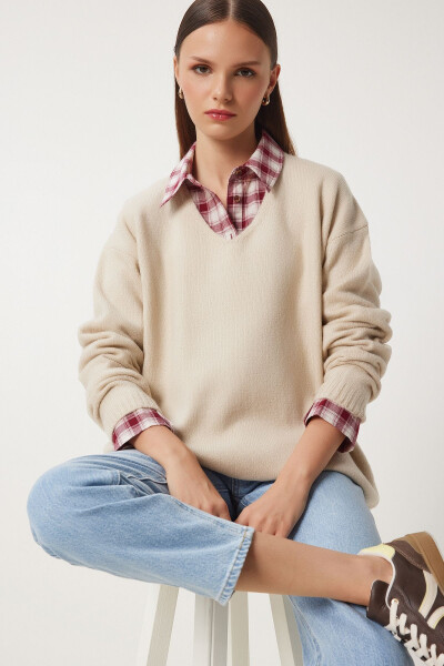 Women's Beige V-Neck Knit Sweater ZA00063 - 2