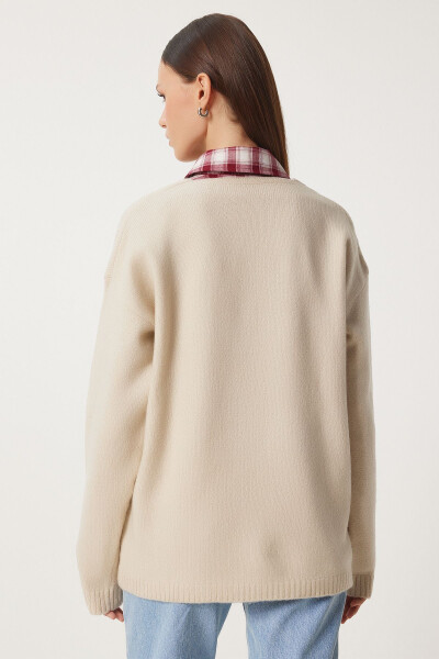 Women's Beige V-Neck Knit Sweater ZA00063 - 4