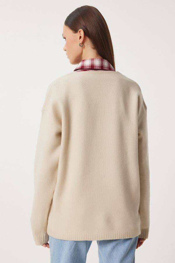 Women's Beige V-Neck Knit Sweater ZA00063 - 4