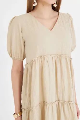 Women's Beige V Neck Short Sleeve Ruffled Dress ARM-25Y001049-Beige - 8