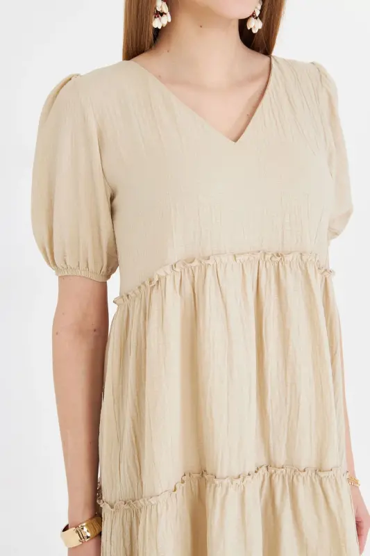 Women's Beige V Neck Short Sleeve Ruffled Dress ARM-25Y001049-Beige - 8