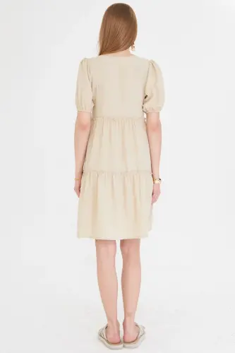 Women's Beige V Neck Short Sleeve Ruffled Dress ARM-25Y001049-Beige - 9